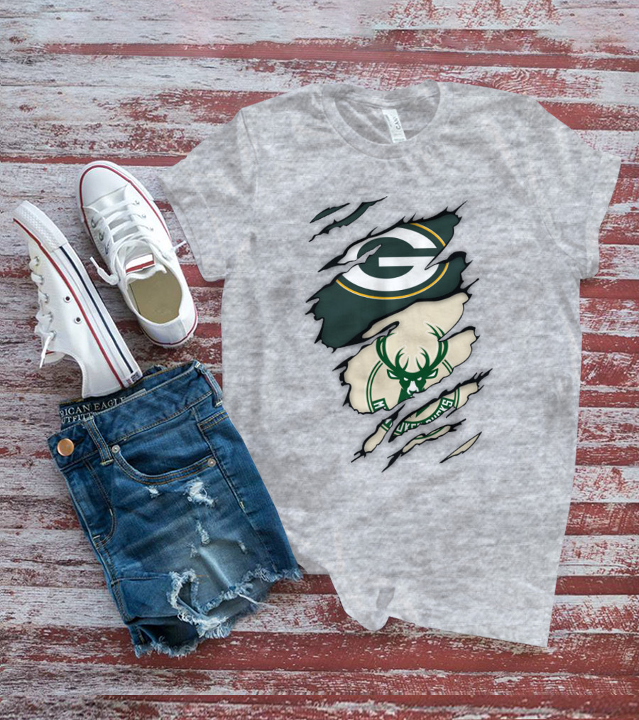 Green Bay Packers Milwaukee Bucks Ripped Reveal Logo Fusion T-Shirt