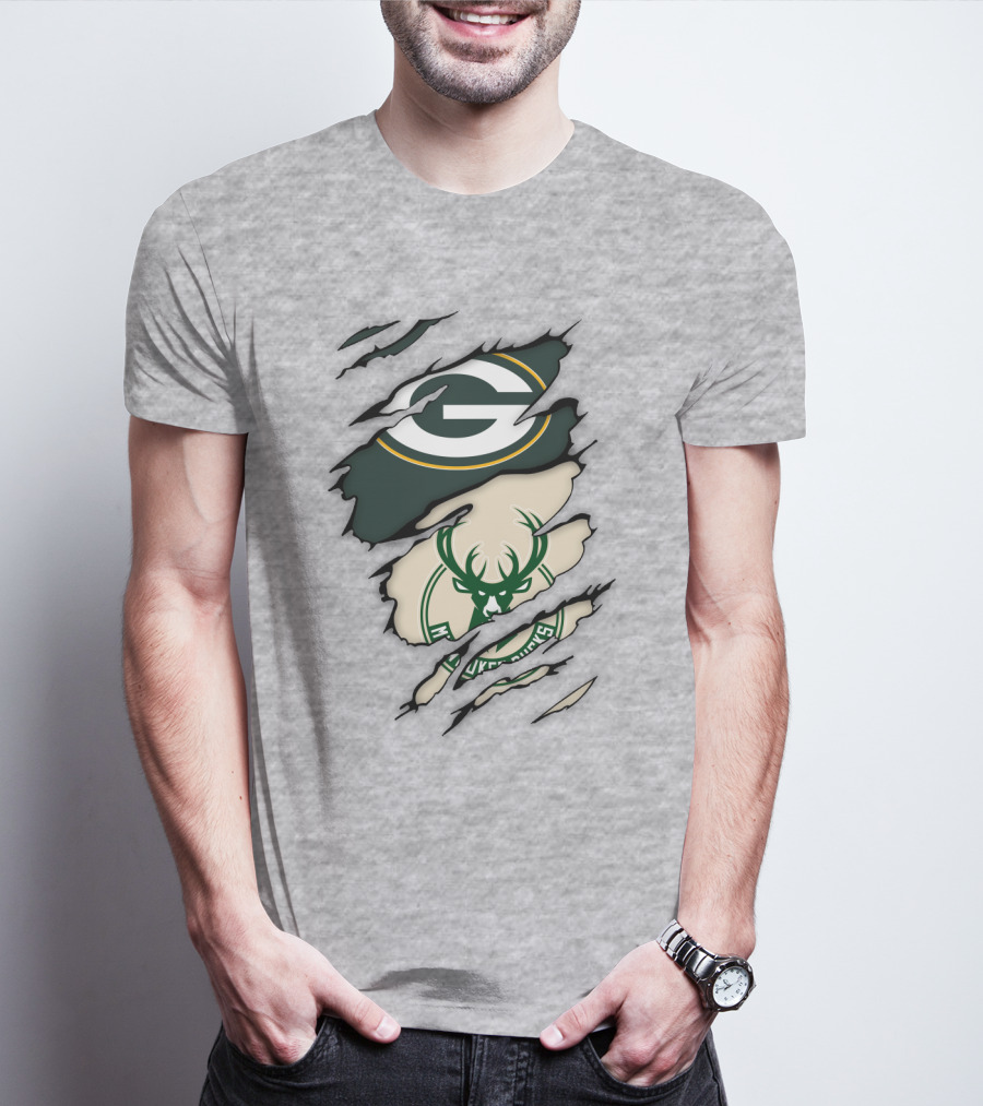 Green Bay Packers Milwaukee Bucks Ripped Reveal Logo Fusion T-Shirt