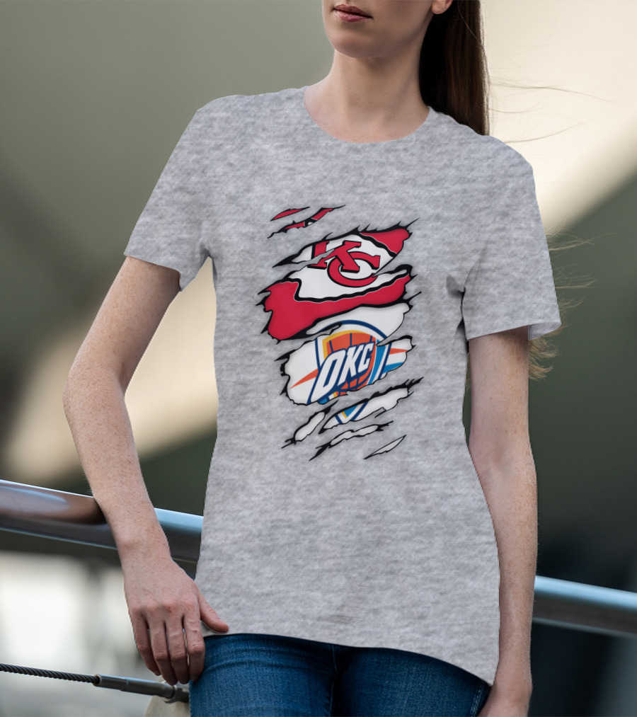 Kansas City Chiefs Okc Thunder Logos Overlapping Sports Crossover T-Shirt