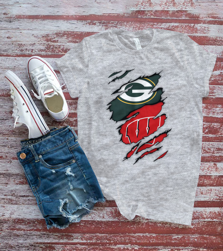 Wisconsin Badgers And Green Bay Packers Claw Marks Logo Mashup T-Shirt