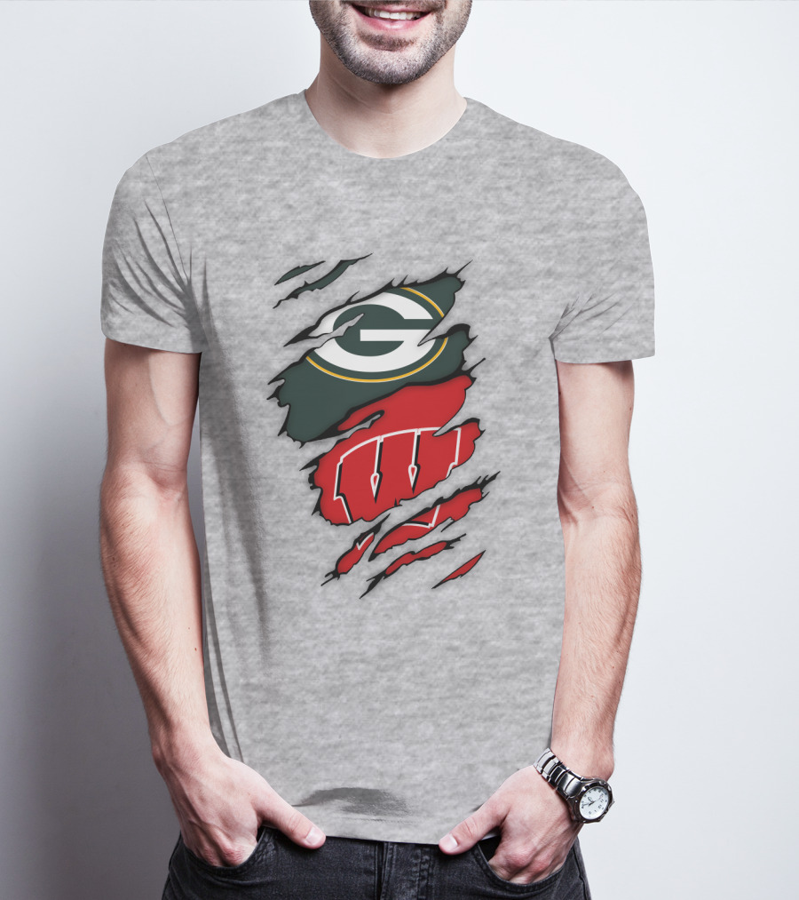 Wisconsin Badgers And Green Bay Packers Claw Marks Logo Mashup T-Shirt