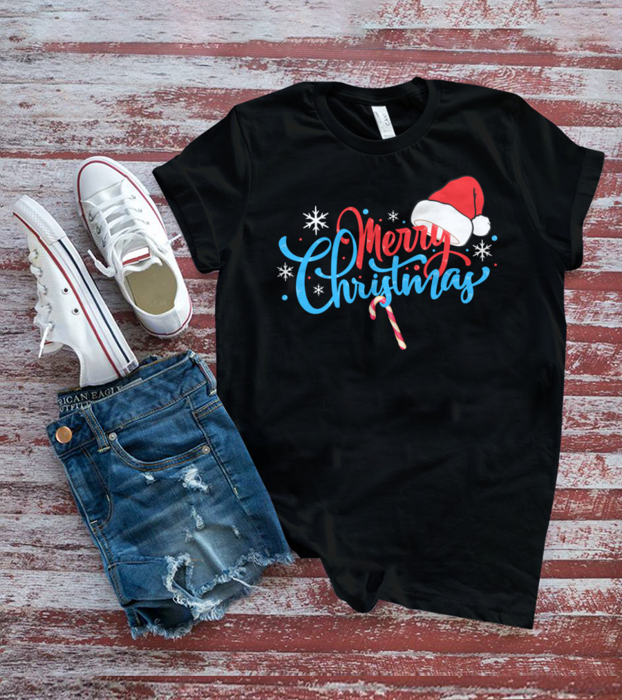Merry Christmas Nice Santa's Hat Candy Cane Snowflakes T-Shirt