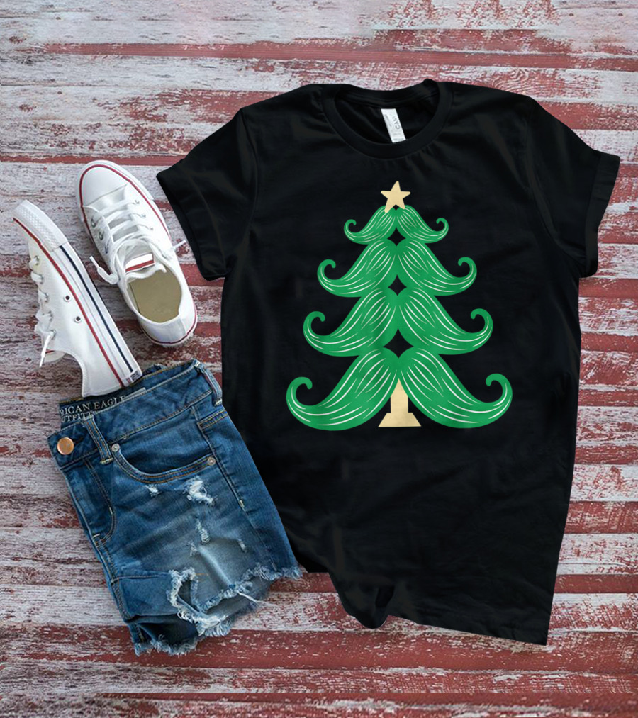 Mustache Christmas Tree Holiday Star T-Shirt