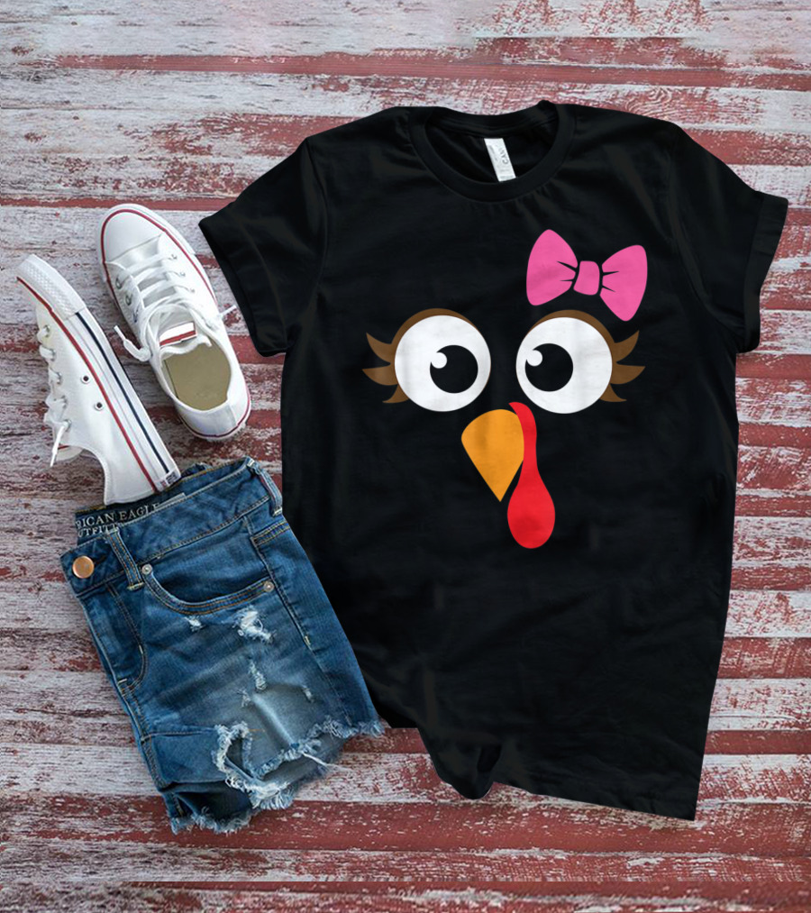 Turkey Face With Pink Bow Girl Cartoon Eyes T-Shirt