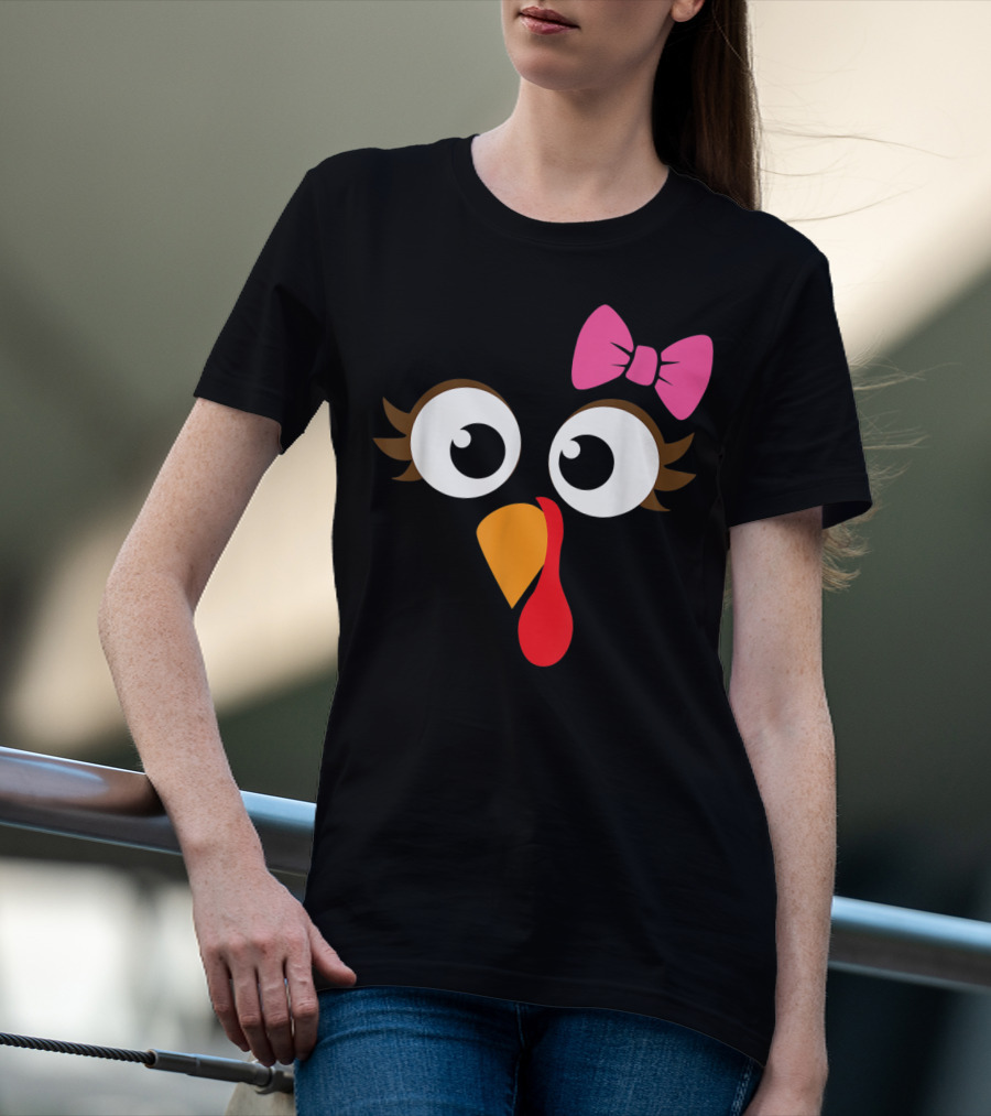 Turkey Face With Pink Bow Girl Cartoon Eyes T-Shirt