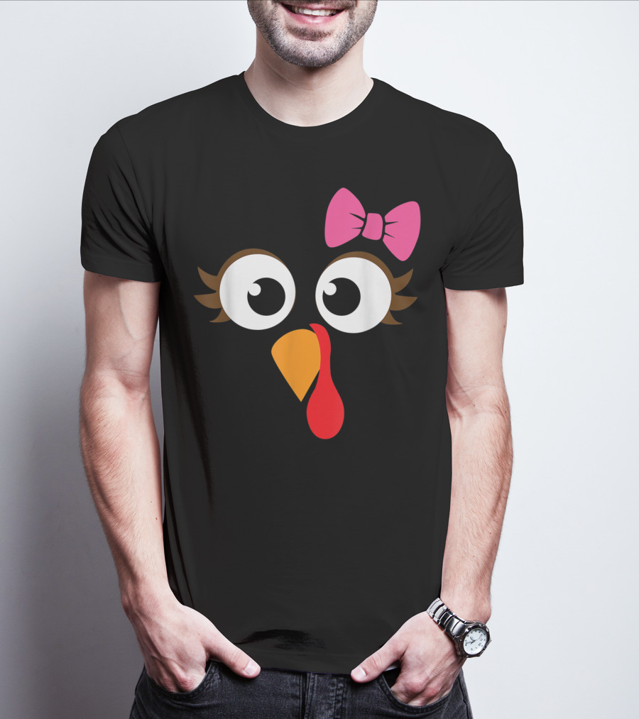 Turkey Face With Pink Bow Girl Cartoon Eyes T-Shirt