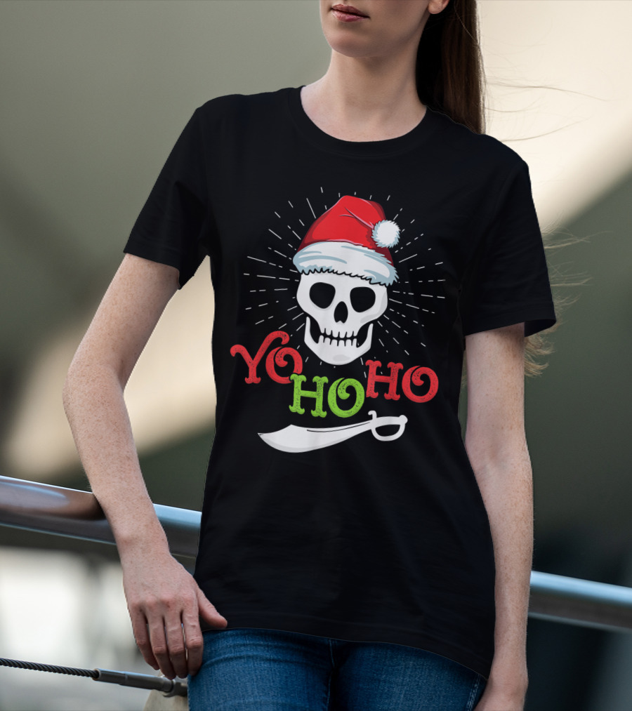 Yo Ho Ho Skull With Santa Hat And Sword T-Shirt