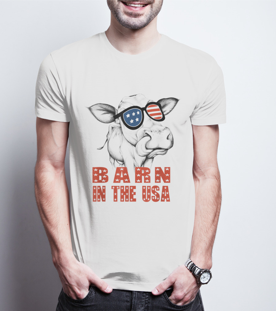 Barn In The USA Patriotic Flag Sunglasses Cow T-Shirt