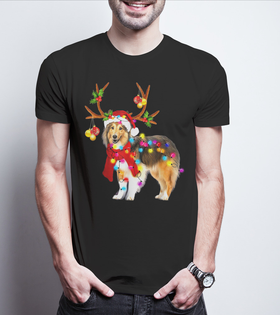 Christmas Sheltie Dog In Santa Hat With Reindeer Antlers And Colorful String Lights T-Shirt