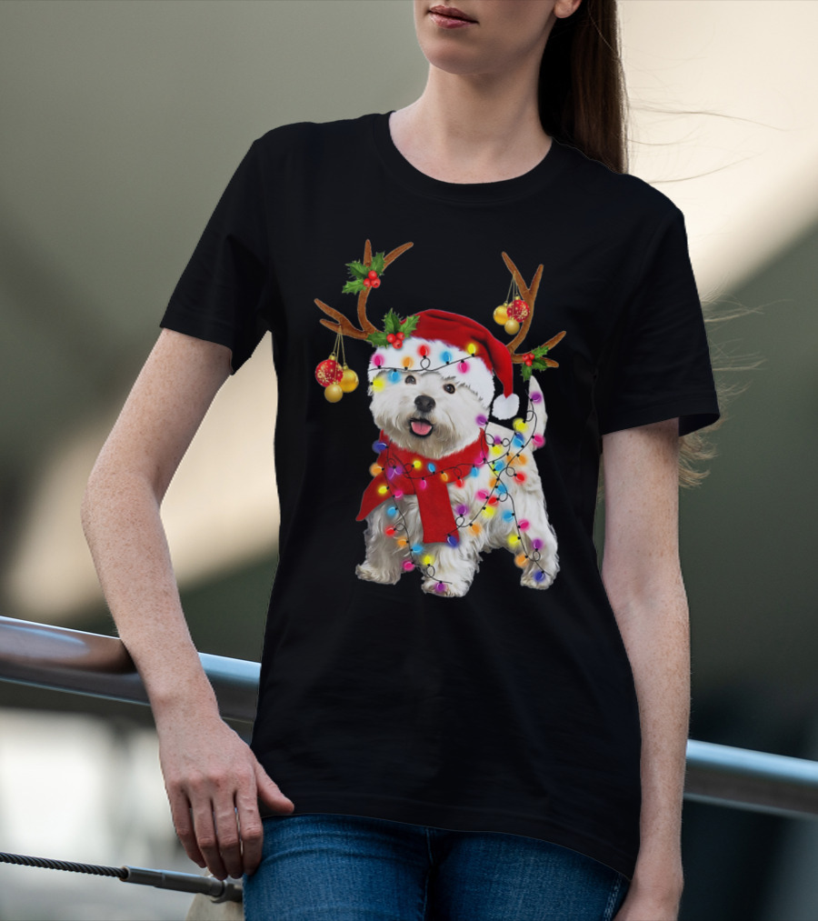 Santa Westie Dog Reindeer Lights Holiday T-Shirt
