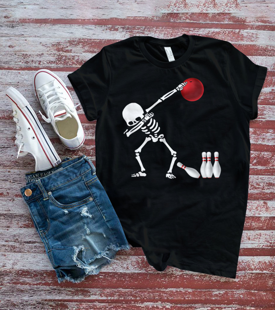 Skeleton Bowler Dabbing With Red Bowling Ball And Pins Fun Bones Lover T-Shirt