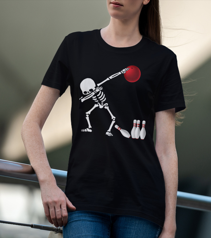 Skeleton Bowler Dabbing With Red Bowling Ball And Pins Fun Bones Lover T-Shirt