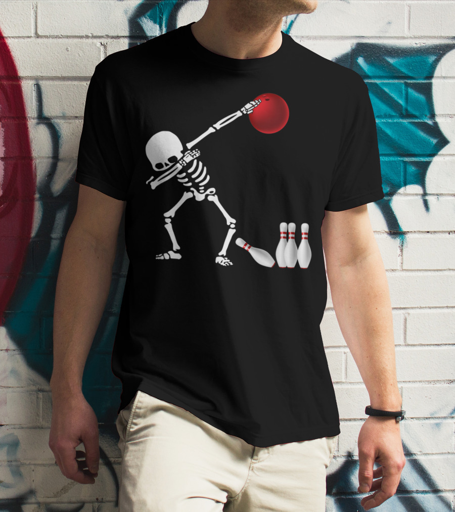 Skeleton Bowler Dabbing With Red Bowling Ball And Pins Fun Bones Lover T-Shirt