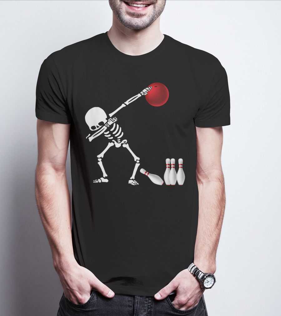 Skeleton Bowler Dabbing With Red Bowling Ball And Pins Fun Bones Lover T-Shirt