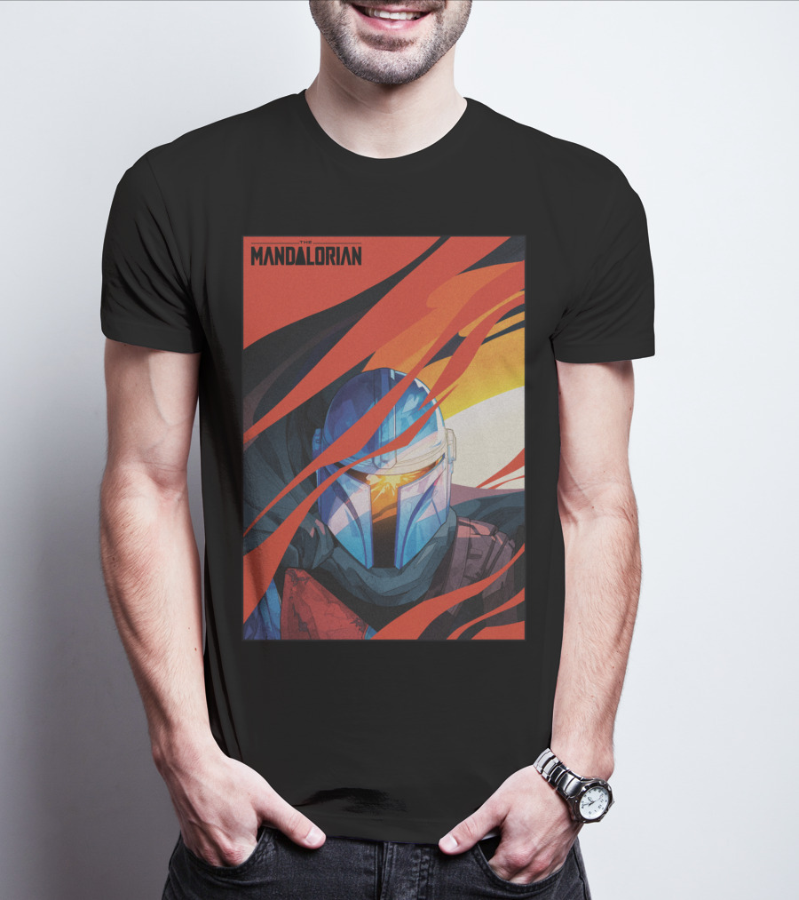 Star Wars The Mandalorian Helmet With Red And Orange Abstract Waves T-Shirt