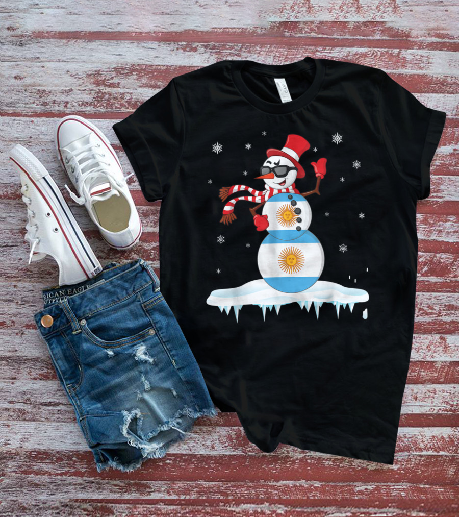 Argentinian Flag Snowman Dancing In Sunglasses Merry Winter T-Shirt