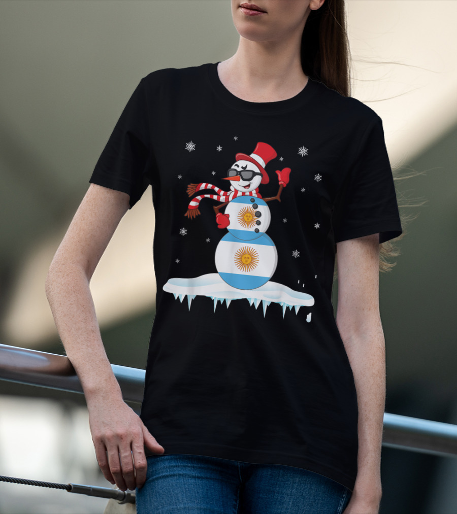 Argentinian Flag Snowman Dancing In Sunglasses Merry Winter T-Shirt