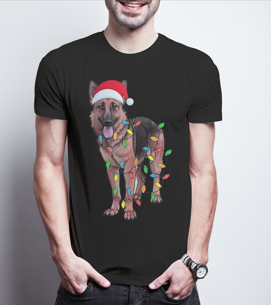 Christmas German Shepherd Dog Santa Hat Wrapped In Lights T-Shirt
