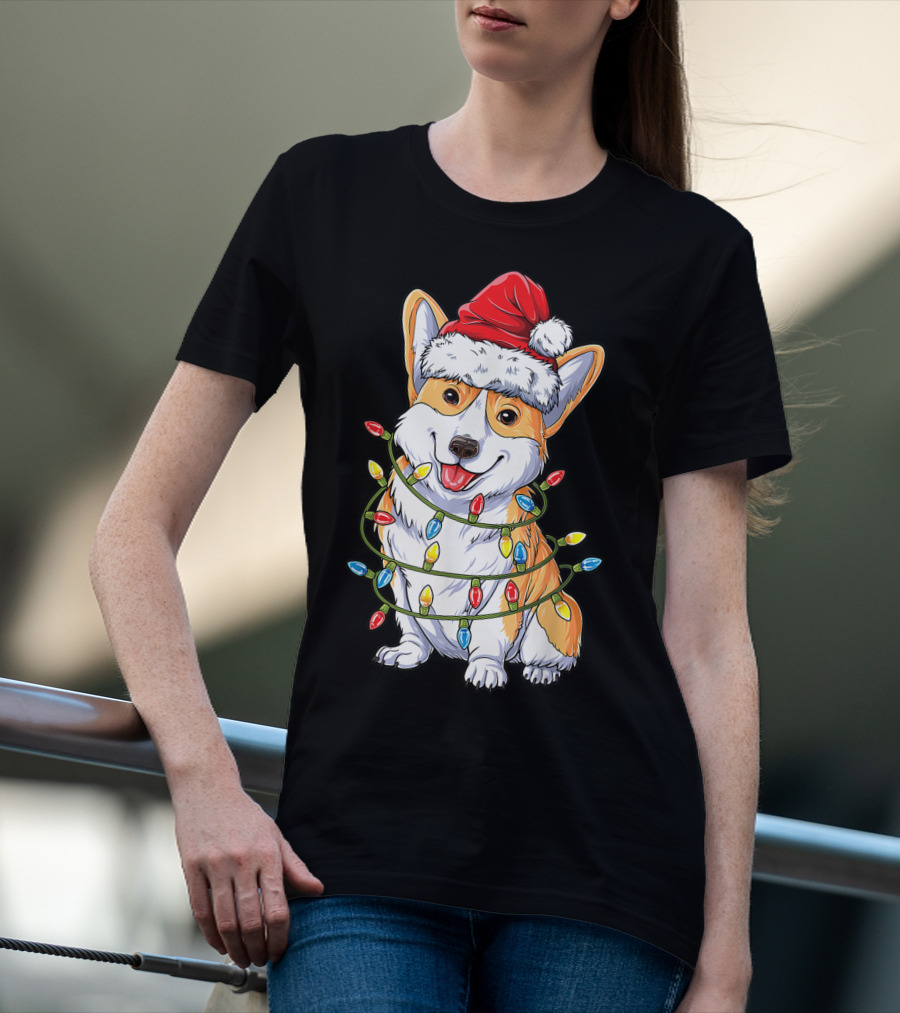Corgi Santa Hat Wrapped In Christmas Tree Lights T-Shirt