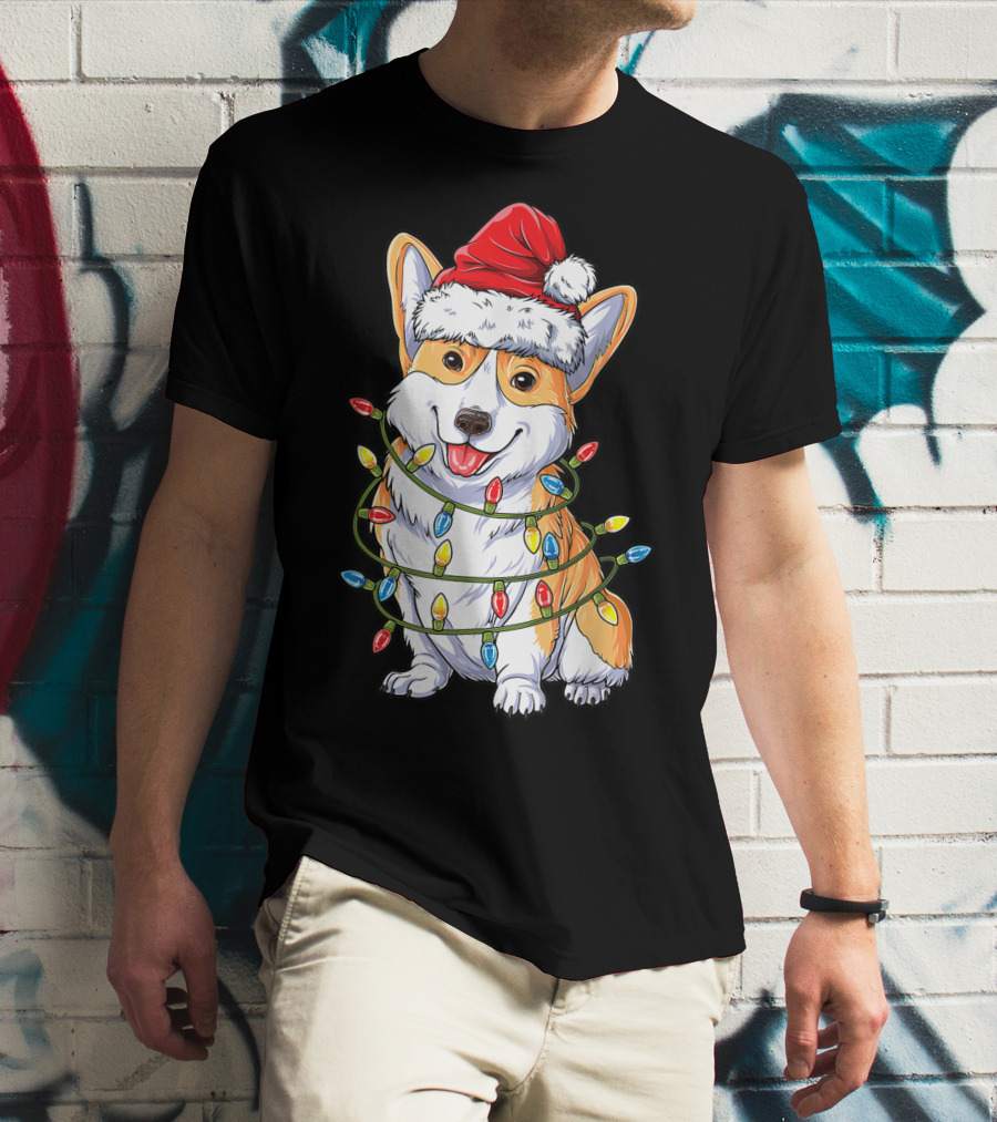 Corgi Santa Hat Wrapped In Christmas Tree Lights T-Shirt