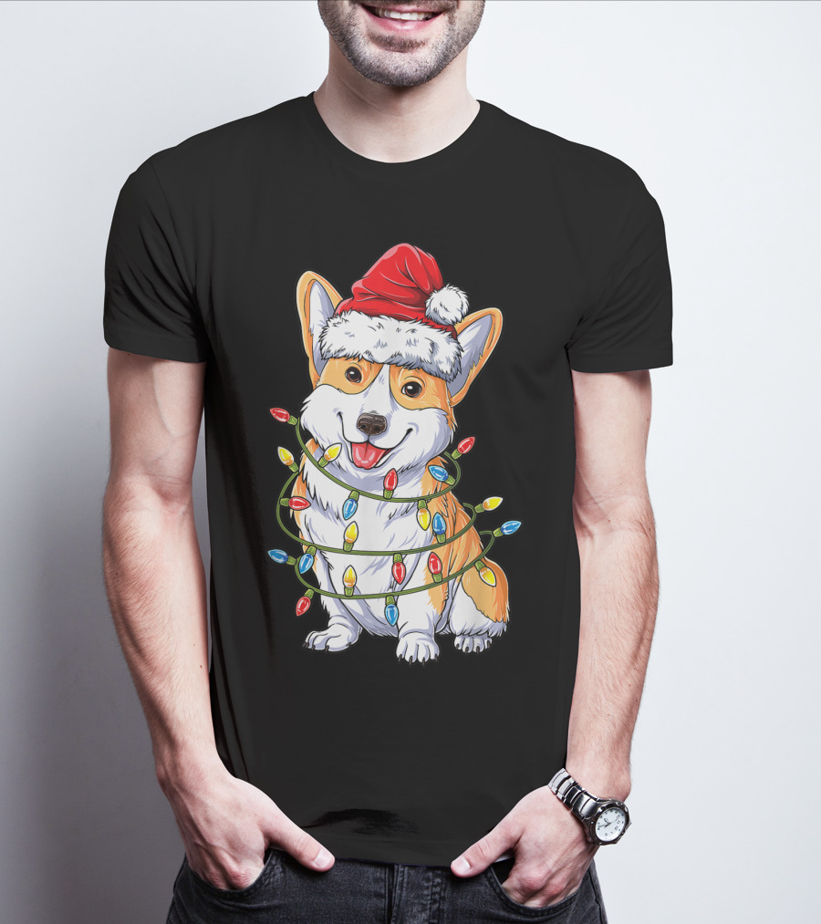 Corgi Santa Hat Wrapped In Christmas Tree Lights T-Shirt