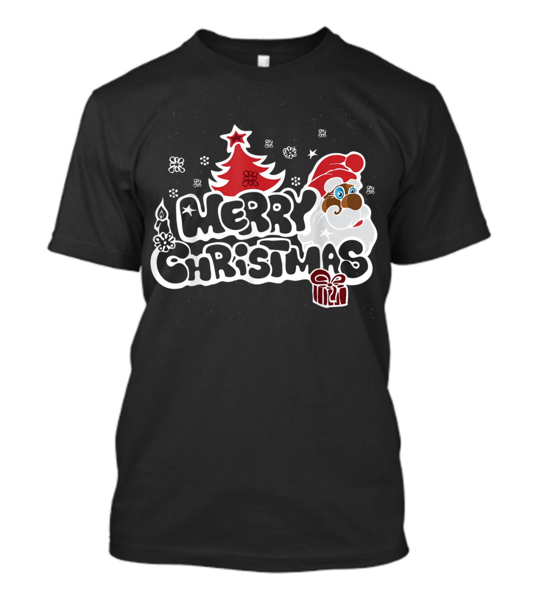 Merry Christmas Santa Red Tree Gift Black Holiday T-Shirt