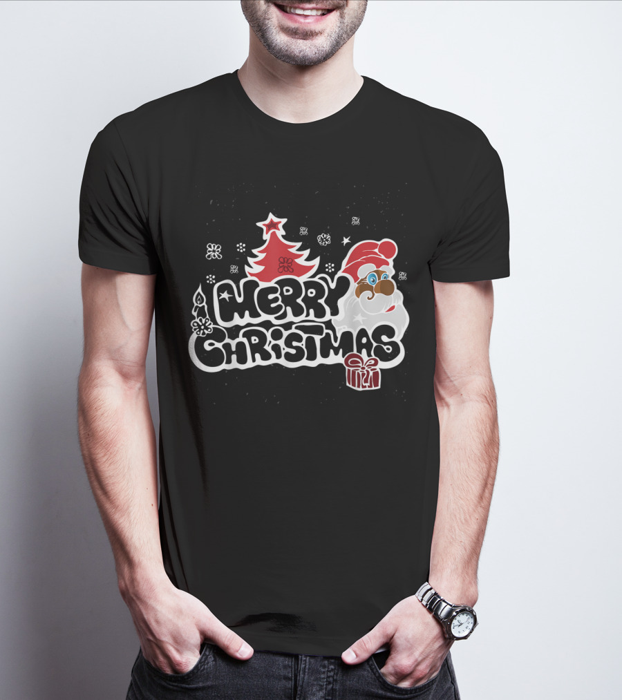 Merry Christmas Santa Red Tree Gift Black Holiday T-Shirt
