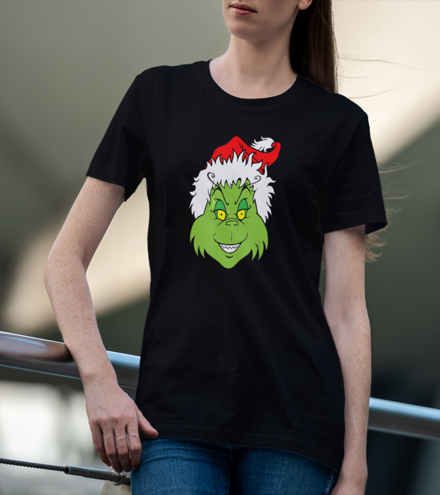 Christmas Grinch Face With Santa Hat T-Shirt