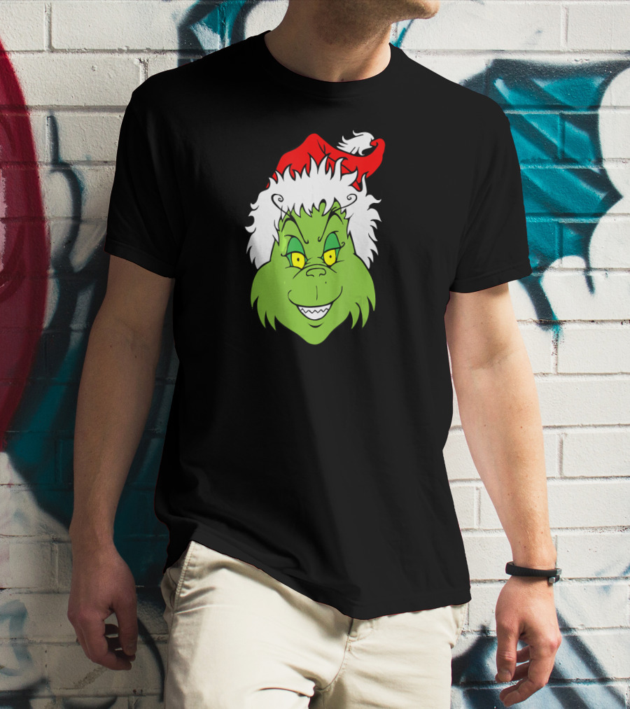 Christmas Grinch Face With Santa Hat T-Shirt