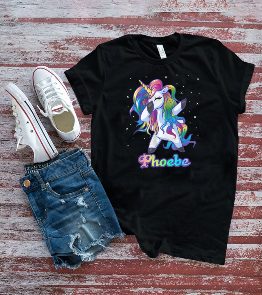Phoebe Name Personalized Rainbow Unicorn Dabbing Stars T-Shirt