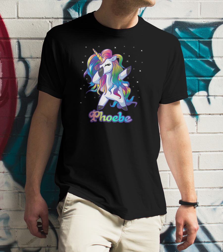 Phoebe Name Personalized Rainbow Unicorn Dabbing Stars T-Shirt