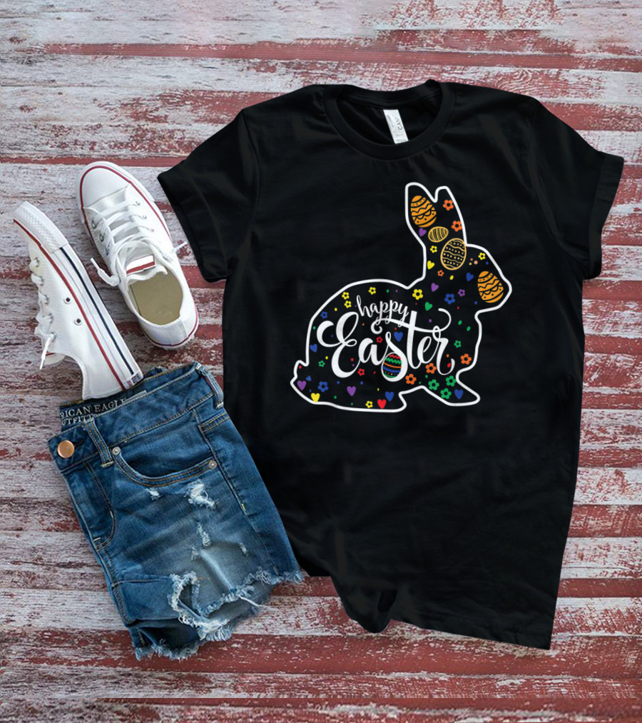 Happy Easter Colorful Bunny With Eggs And Flowers T-Shirt