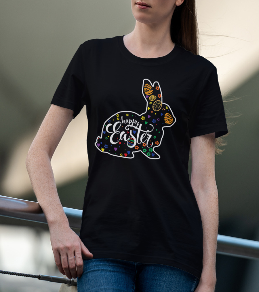 Happy Easter Colorful Bunny With Eggs And Flowers T-Shirt