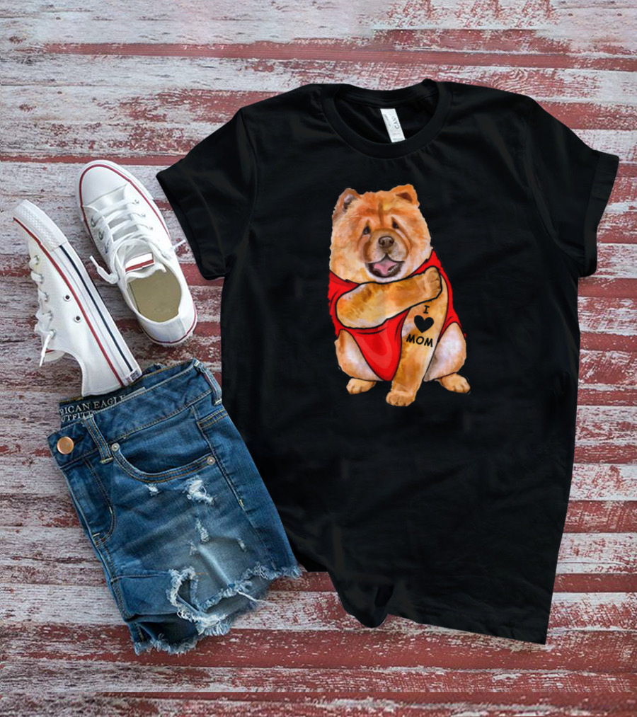 Tattoo I Love Mom Chow Chow Dog In Red T-Shirt