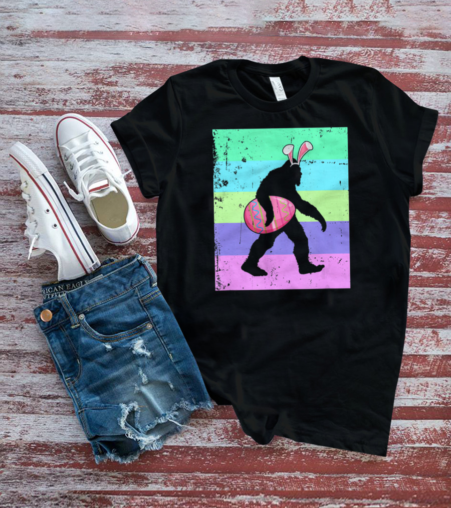 Retro Bigfoot Easter Bunny With Egg Rainbow Stripes T-Shirt