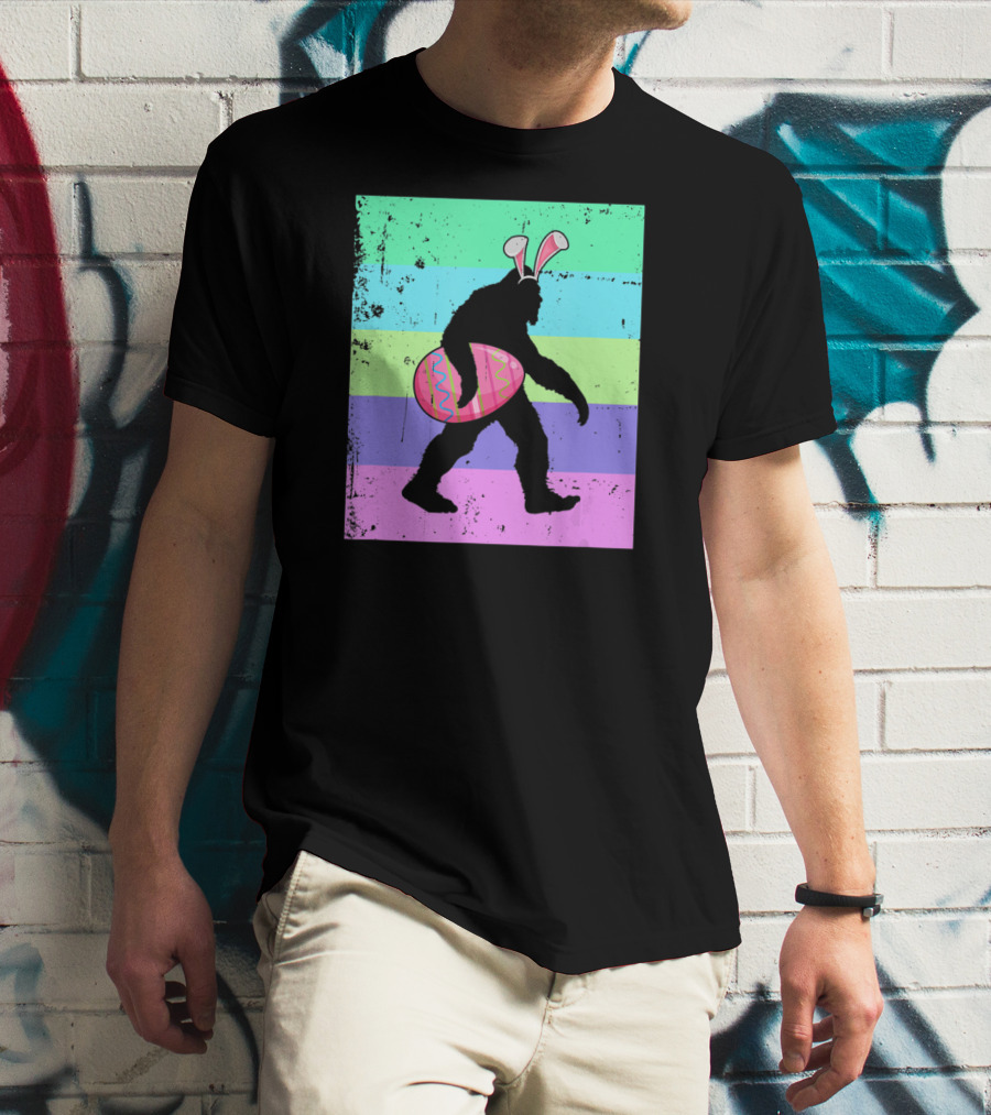 Retro Bigfoot Easter Bunny With Egg Rainbow Stripes T-Shirt