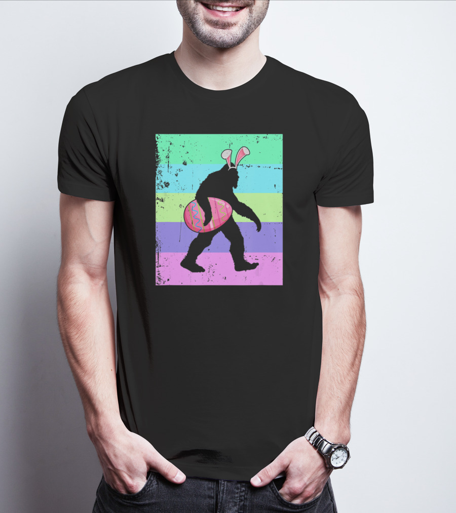 Retro Bigfoot Easter Bunny With Egg Rainbow Stripes T-Shirt