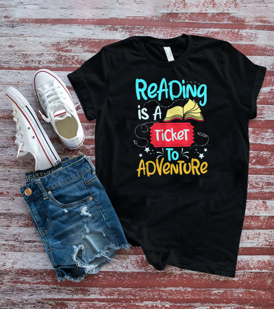 Reading Is A Ticket To Adventure Book Open Pages Stars Pencils T-Shirt