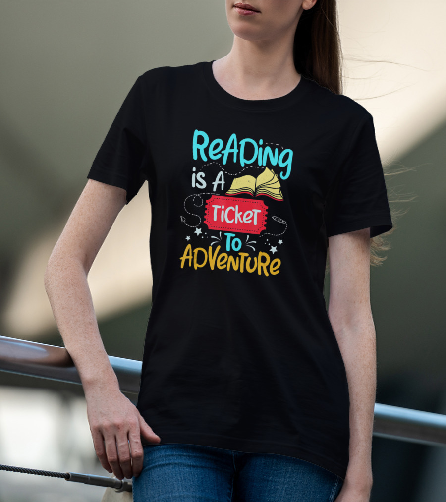 Reading Is A Ticket To Adventure Book Open Pages Stars Pencils T-Shirt