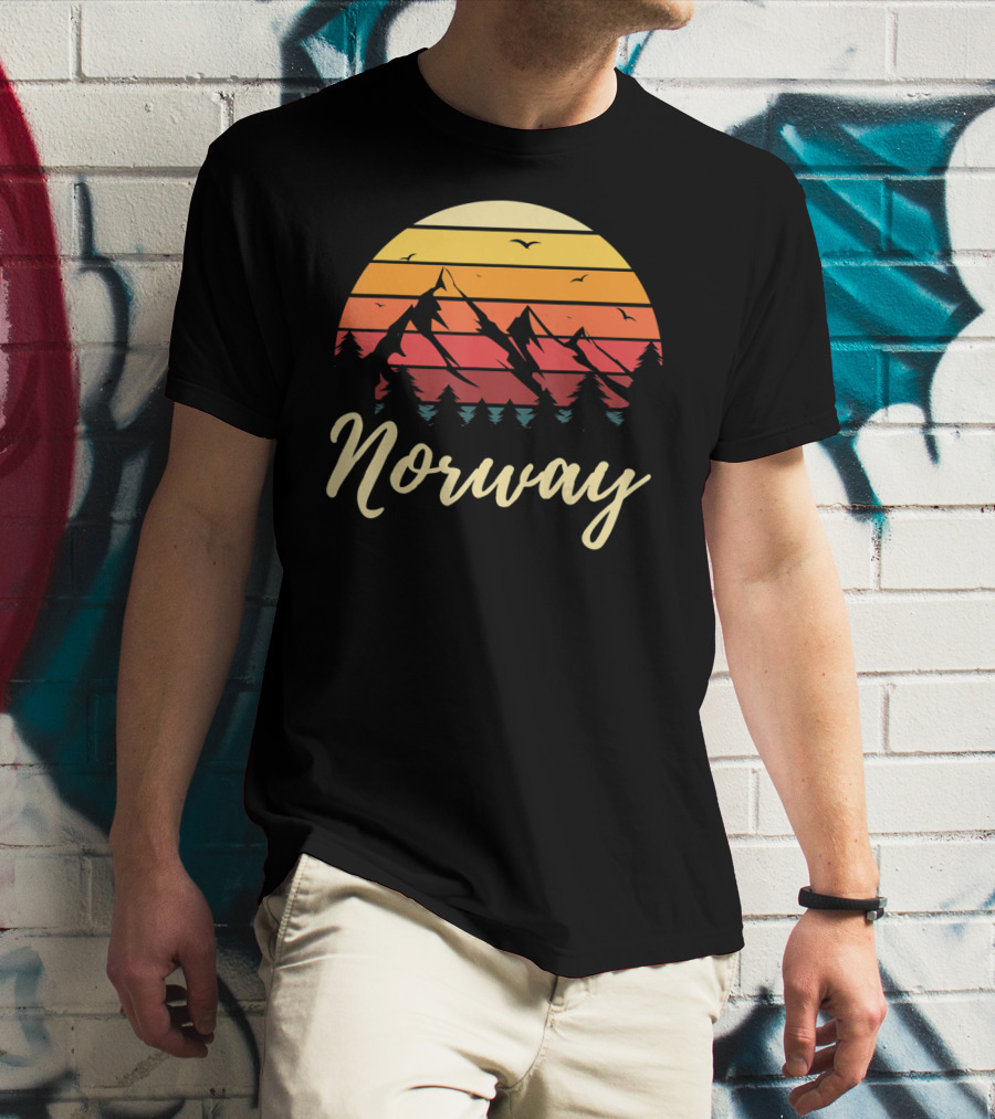 Retro Norway Mountain Sunset Landscape With Pine Trees And Birds T-Shirt