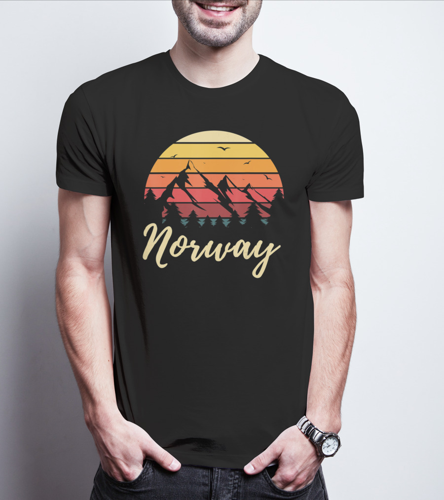 Retro Norway Mountain Sunset Landscape With Pine Trees And Birds T-Shirt