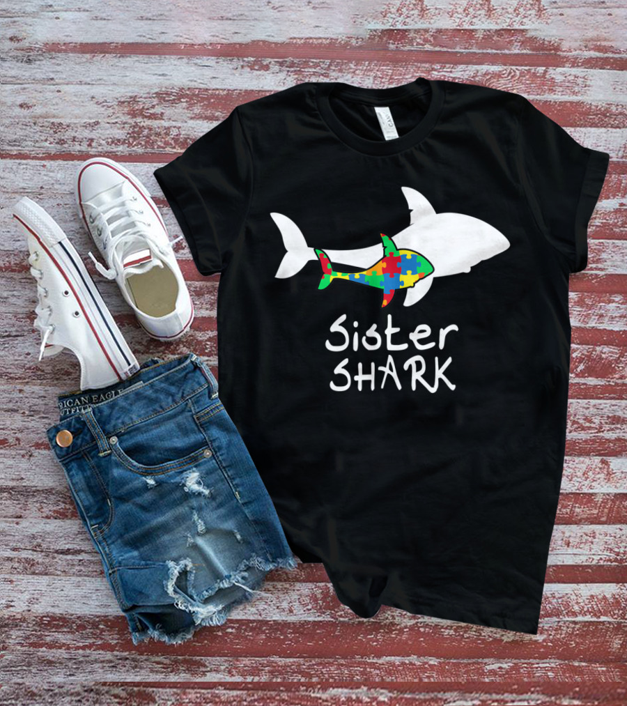 Sister Shark Autism Puzzle Piece Awareness T-Shirt