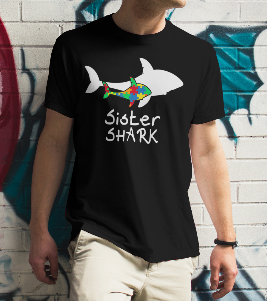 Sister Shark Autism Puzzle Piece Awareness T-Shirt