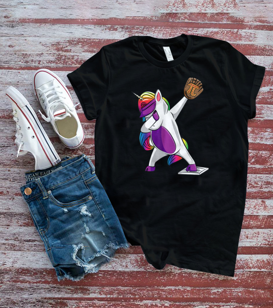 Pi Day Baseball Dabbing Unicorn Rainbow Glove T-Shirt