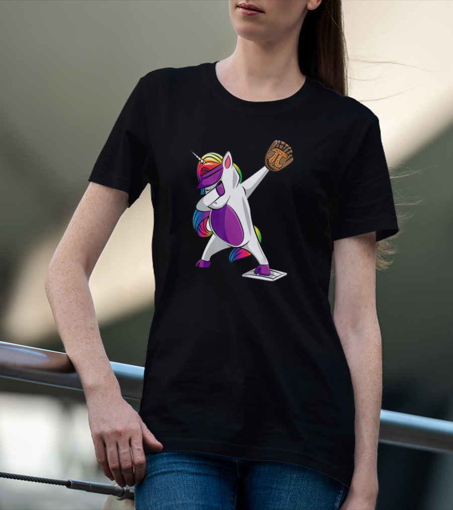 Pi Day Baseball Dabbing Unicorn Rainbow Glove T-Shirt