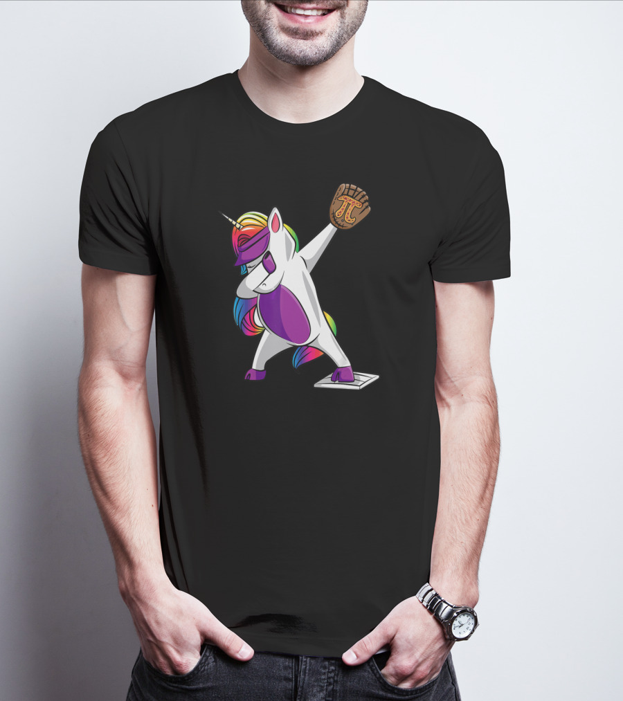 Pi Day Baseball Dabbing Unicorn Rainbow Glove T-Shirt