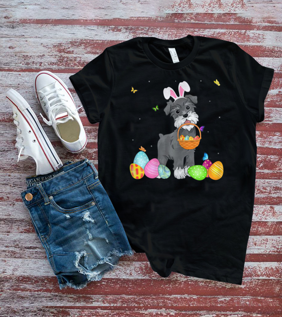 Bunny Schnauzer With Basket And Eggs Easter Day T-Shirt