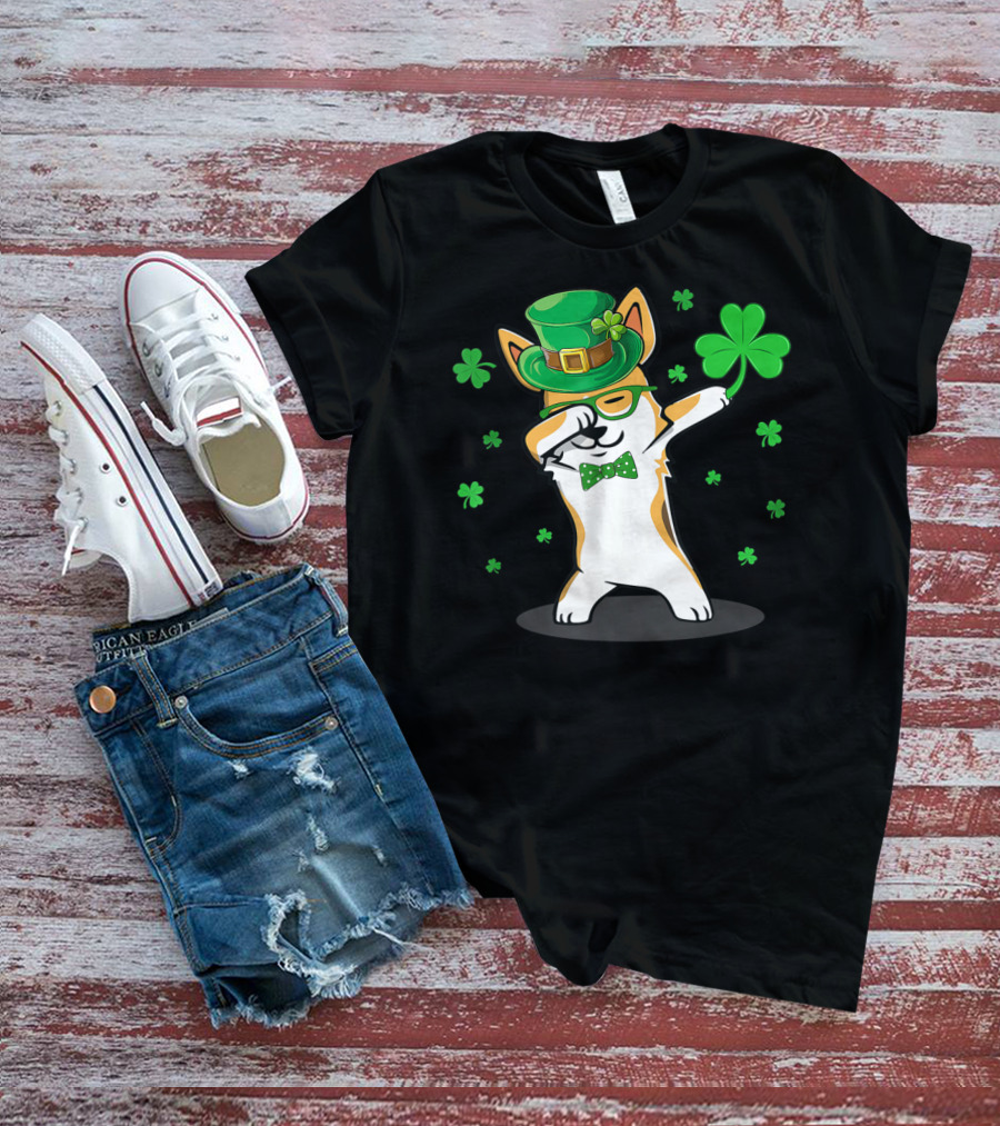 Dabbing Corgi With Shamrocks And Leprechaun Hat For St. Patrick's Day T-Shirt