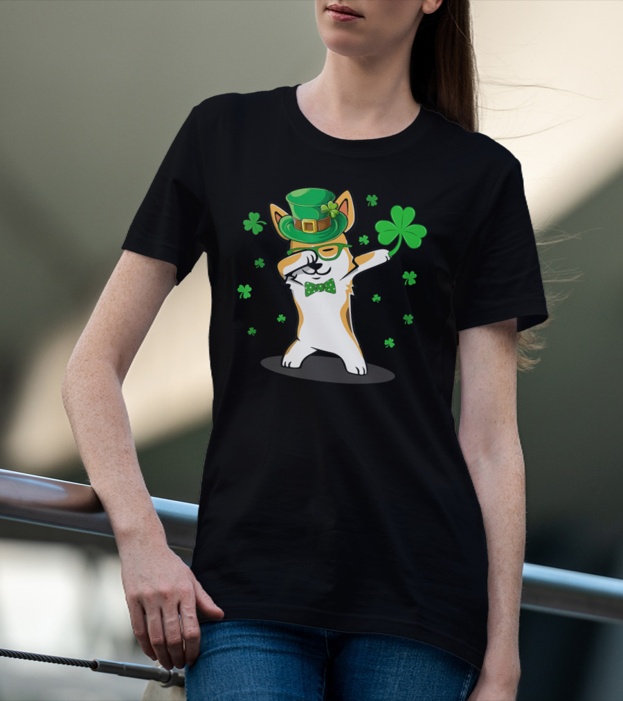 Dabbing Corgi With Shamrocks And Leprechaun Hat For St. Patrick's Day T-Shirt