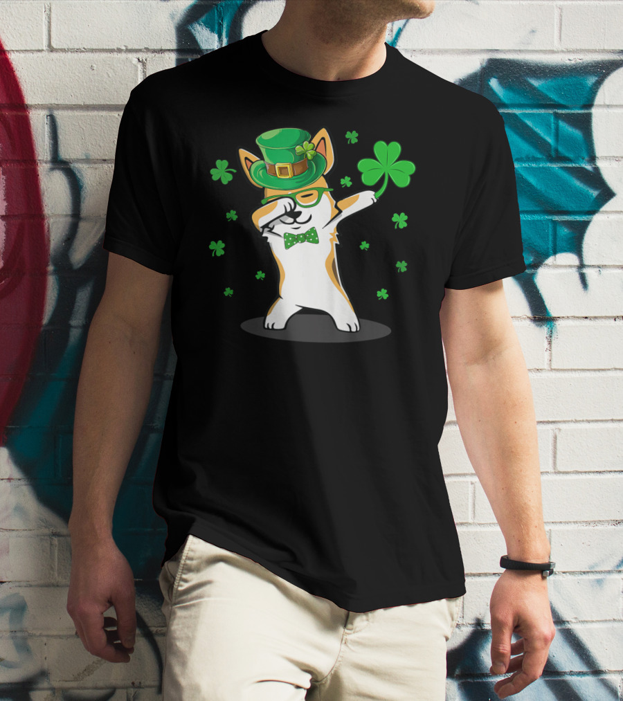 Dabbing Corgi With Shamrocks And Leprechaun Hat For St. Patrick's Day T-Shirt